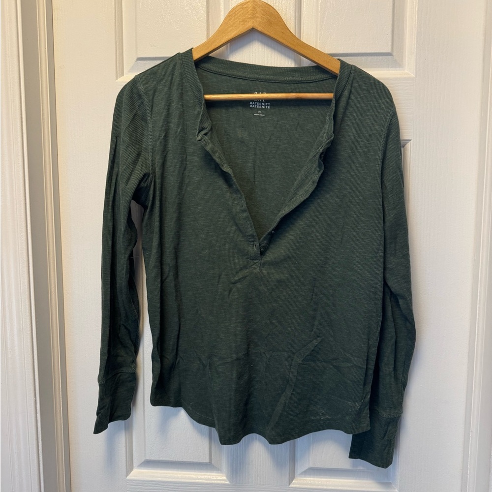 GAP Maternity Dark Green Waffle Henley Long Sleeve Top